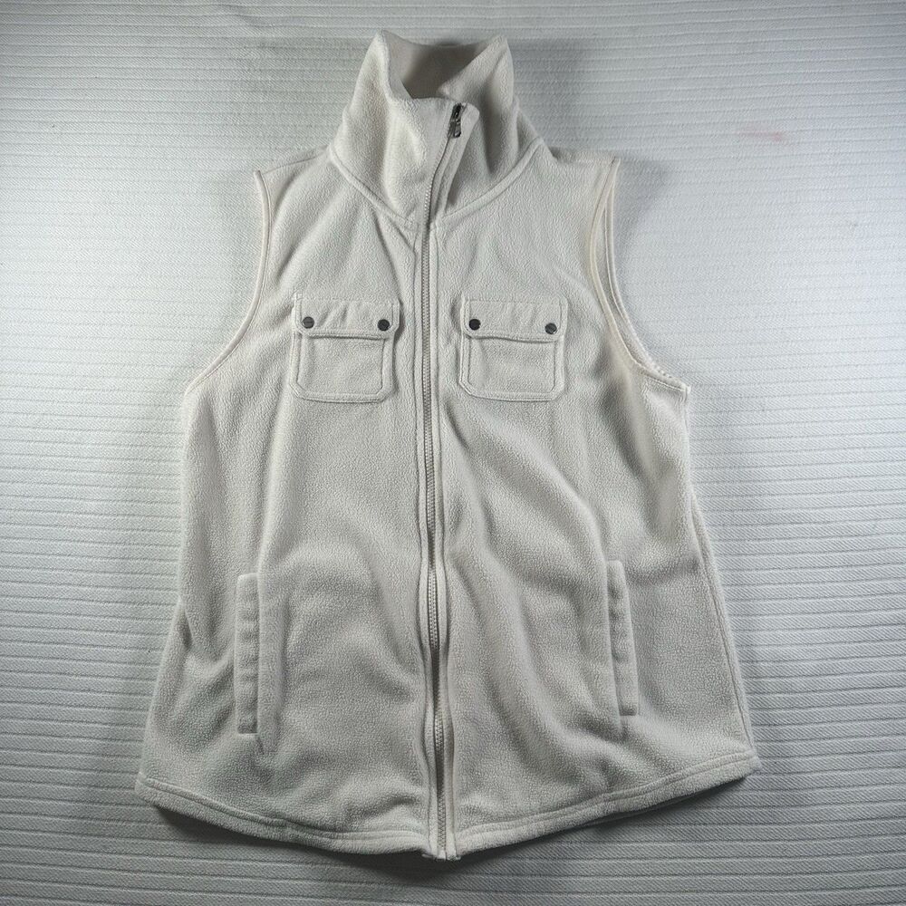 Chaps Vest Womens Large White Fleece Full Zip Pockets Mock Neck Buttons